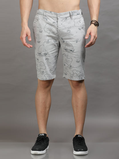 Men Grey Printed Slim Fit Regular Shorts