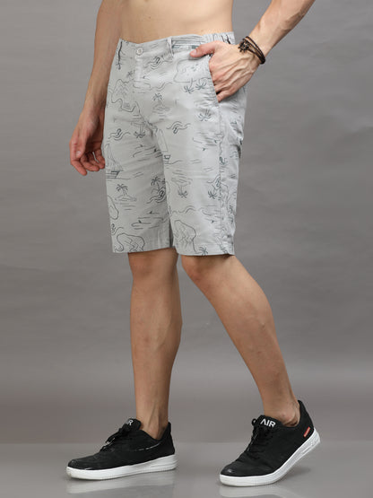 Men Grey Printed Slim Fit Regular Shorts