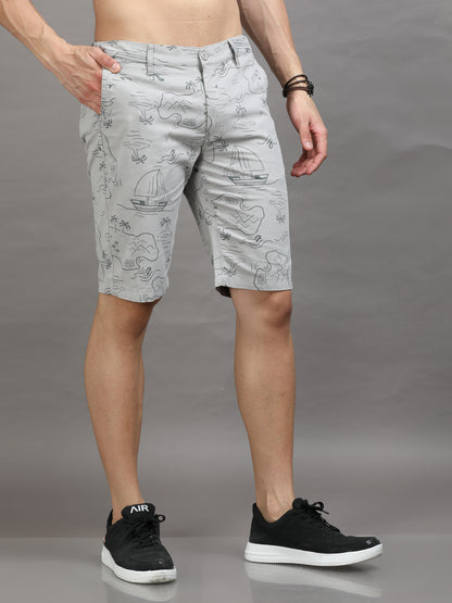 Men Grey Printed Slim Fit Regular Shorts