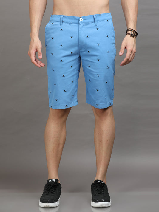 Men Blue Printed Slim Fit Regular Shorts